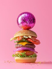 A surreal burger with a glttering pink disco ball bu and colorful ingredients its against a pink backgrond. Playful and conceptualfood art image with retro op flair.