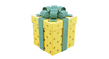 Yellow Gift Box with Green Bow and Star Pattern