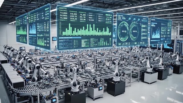 Industrial Automation Factory with Robotic Arms and Data Analysis.