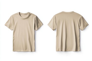 Beige t-shirt mockup template showing front and back views on a plain white background for design purposes