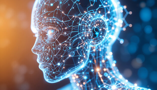 Futuristic digital human head with glowing blue neural network connections