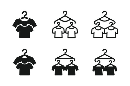Hanger Logo Variations. Hanging clothes on matching hangers for uniformity. Icon set. Set Logo of Hanging clothes on matching hangers for uniformity: wooden