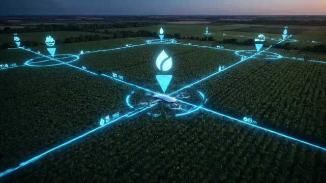 AI-driven farming concept with glowing data lines over fields