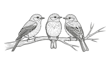 Fototapeta premium Three Small Birds Perched on a Branch, Peaceful Nature Scene, Isolated White Background