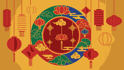 Vibrant Chinese New Year background with red lanterns, lotus flowers, auspicious clouds, and traditional oriental patterns in a festive golden and red setting.