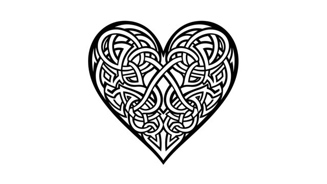 Intricate Celtic knot heart shape with decorative interwoven lines, rendered in black and white, on an isolated white background.