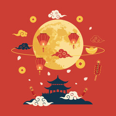 Celebration of the Mid-Autumn Festival with Lanterns and Full Moon over a Traditional Temple