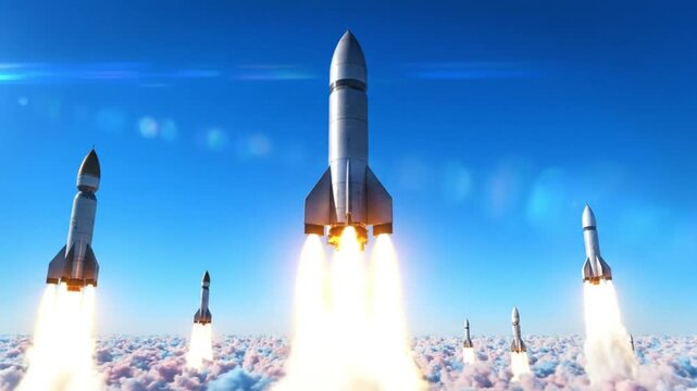 Rocket launch through clouds and sky