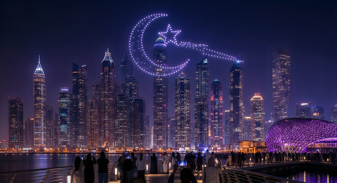 People gather to watch stunning drone light show in modern cityscape at night