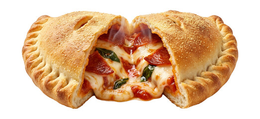 Calzone cross-section with a clean, symmetrical ?window? of molten filling centered in the crust shell