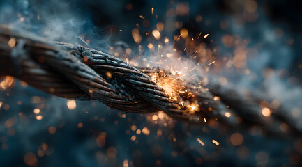 A dangerous electrical short circuit with sparks and smoke from damaged copper wires. Represents power failure, hazard, and the need for safety.