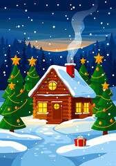 Fototapeta premium Cozy Winter Night Vector Illustration with a Snow-Covered Cabin, Glowing Windows, Festive Christmas Trees, and Falling Snowflakes Under a Starry Sky, a Warm and Inviting Holiday Scene
