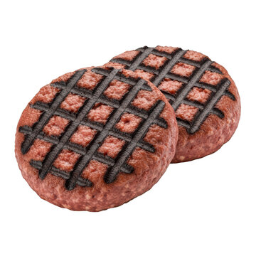 Two realistic grilled burger patties with defined grill marks isolated on transparent background high quality professional