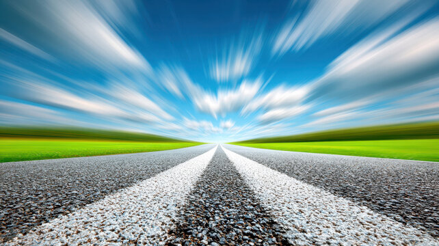 Open highway stretches to the horizon under fast-moving clouds and a bright blue sky