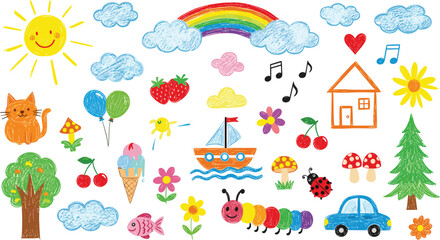 Naklejka premium Kids crayon drawing vector set, hand drawn chalk doodles of sun rainbow house and animals,