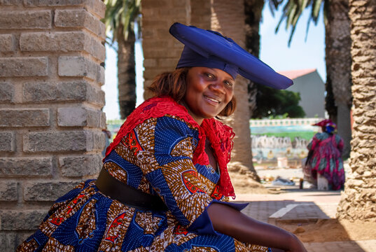 Authentic image of a Herero woman in Namibia, showcasing traditional attire, distinctive headwear, and handmade accessories. A powerful glimpse into Africa&rsquo;s rich cultural heritage, identity