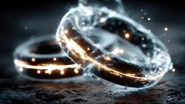A dark fantasy depiction of two glowing, metallic rings levitating on a dark surface, emitting sparks
