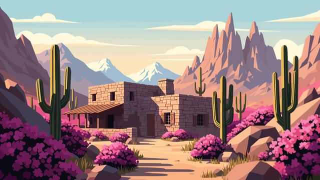 Desert oasis with adobe house in vibrant cartoon landscape