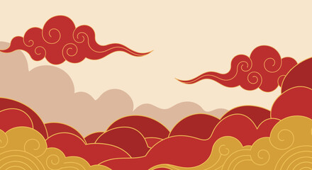 Vibrant red and yellow clouds float serenely across the sky in an illustrated landscape scene.