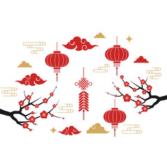 Celebratory lanterns and plum blossoms arranged in a circular pattern symbolizing good fortune and prosperity in a traditional cultural setting