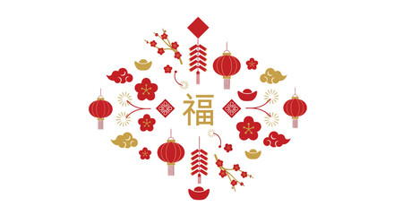 Celebratory arrangement of red lanterns and flowers surrounding a symbol of good fortune in a festive cultural display