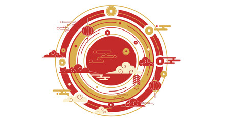 An intricate red and gold circular design featuring symbolic elements and patterns in a traditional style