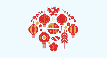 Vibrant red lanterns and flowers arranged in a circular pattern with a bird in flight, symbolizing celebration and joy, viewed from directly above