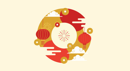 Celebratory lanterns and ornaments in a festive circular arrangement symbolizing cultural heritage and joyous celebration