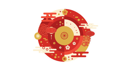 Vibrant cultural celebration illustration featuring traditional elements in a circular composition viewed from directly above