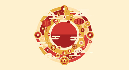 Vibrant circular design featuring traditional symbols and motifs in red and gold hues, representing cultural heritage and festive celebrations