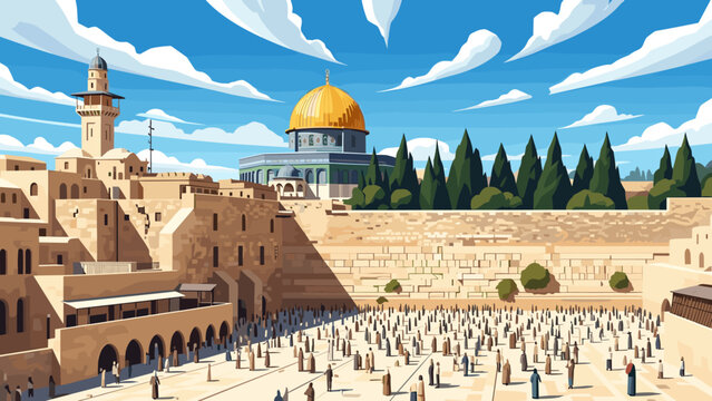 Iconic jerusalem skyline featuring dome of the rock and western wall
