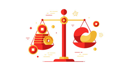 A vibrant illustration of a scale balancing money and a piggy bank surrounded by financial symbols and icons