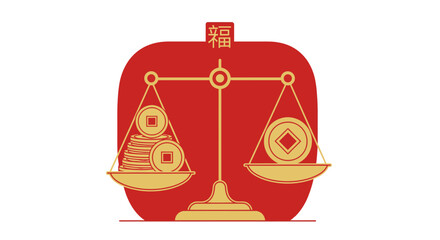 A golden scale balancing coins and a medal on a red background, viewed from the front
