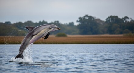 Obraz premium Dolphin jumping out of the water in a serene lake environment