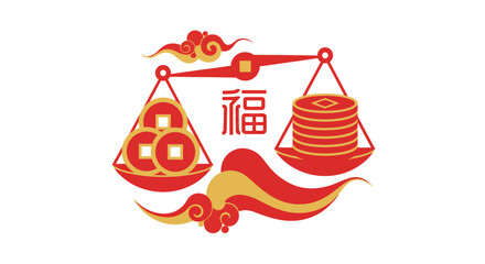 Illustration of scales balancing fortune and wealth symbols in a traditional design