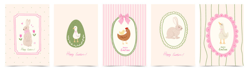 Cute Easter greeting card set with egg, bunny, geese, hens, chicks, flowers, bows and whimsical border frames. Vintage design in trendy doodle hand drawn style © Svitla