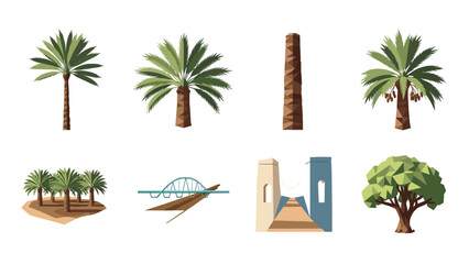 Flat style palm trees and tropical elements collection with architectural bridge and gateway