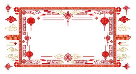 Traditional Chinese New Year Celebration Frame with Red Lanterns and Ornate Details from a Direct Viewpoint
