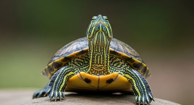 Close up of a colorful turtle with vibrant markings on its face and shell