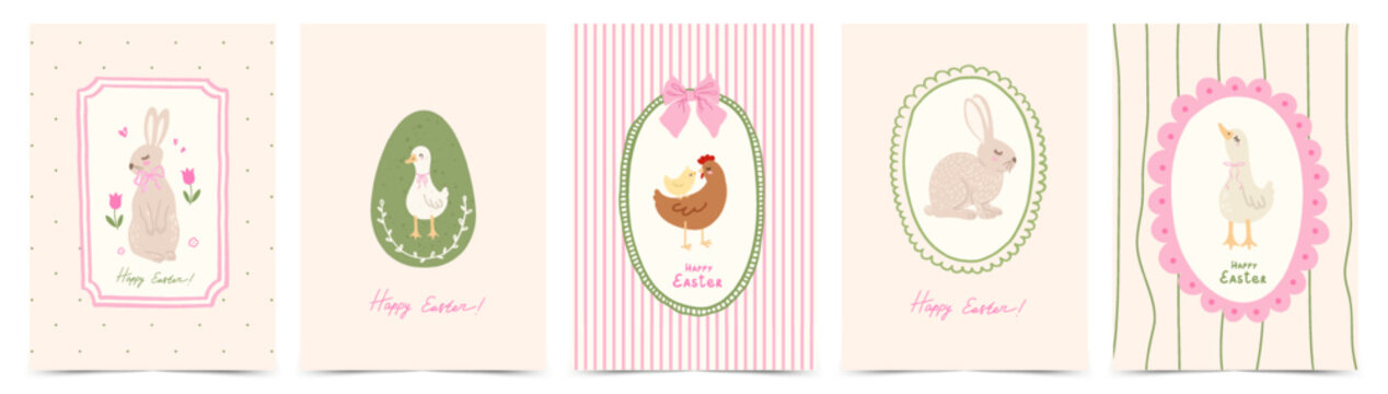 Cute Easter greeting card set with egg, bunny, geese, hens, chicks, flowers, bows and whimsical border frames. Vintage design in trendy doodle hand drawn style