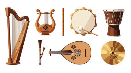 Traditional musical instruments set in flat design with harp and drum