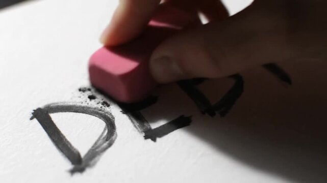 Erasing debt word with pink eraser