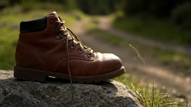 A rugged brown leather hiking boot rests on a rock in a natural outdoor setting. Durable footwear for trekking, travel and adventure. Equipment for an active wilderness lifestyle