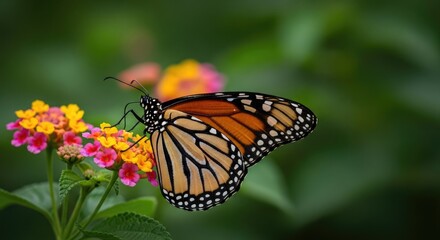 Obraz premium Monarch butterfly feasting on colorful lantana flowers in a lush garden