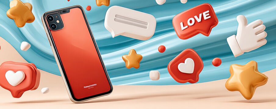 Smartphone with social media icons and engagement symbols, love, hearts and stars in a vibrant scene