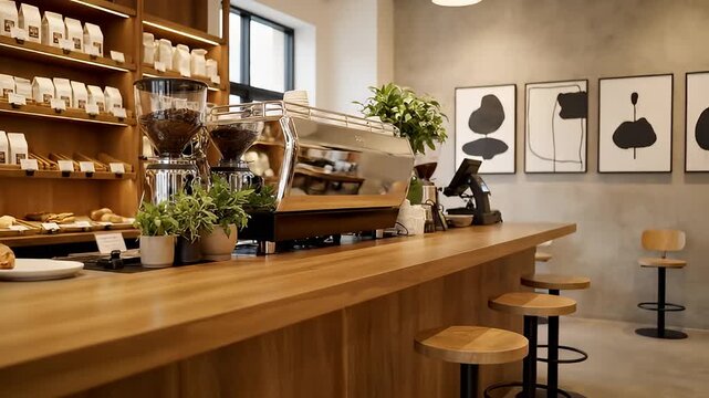 Modern Coffee Shop Interior with Pastries.