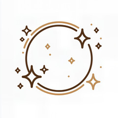 Fototapeta premium Circular starburst logo with brown line art and sparkling stars on white background