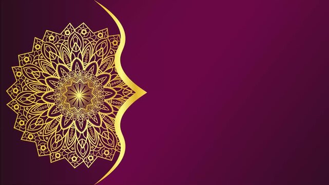gold luxurious mandala loop vintage antique floral baroque animation ornament horizontal background with golden floral pattern on purple gradient animation