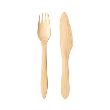 A realistic depiction of a wooden fork and knife side by side on transparent background