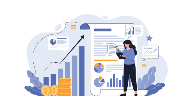 Financial analyst reviewing growth charts on large document with stacks of gold coins and data visualizations.